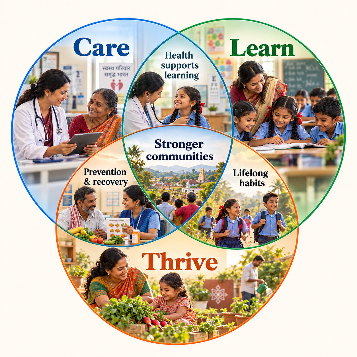 Three overlapping circles for Care, Learn and Thrive in rural India: a doctor with an elderly woman at a clinic, a teacher with schoolchildren, and a mother and daughter tending a kitchen garden. Where they overlap: health supports learning, prevention and recovery, lifelong habits, and stronger communities at the centre.