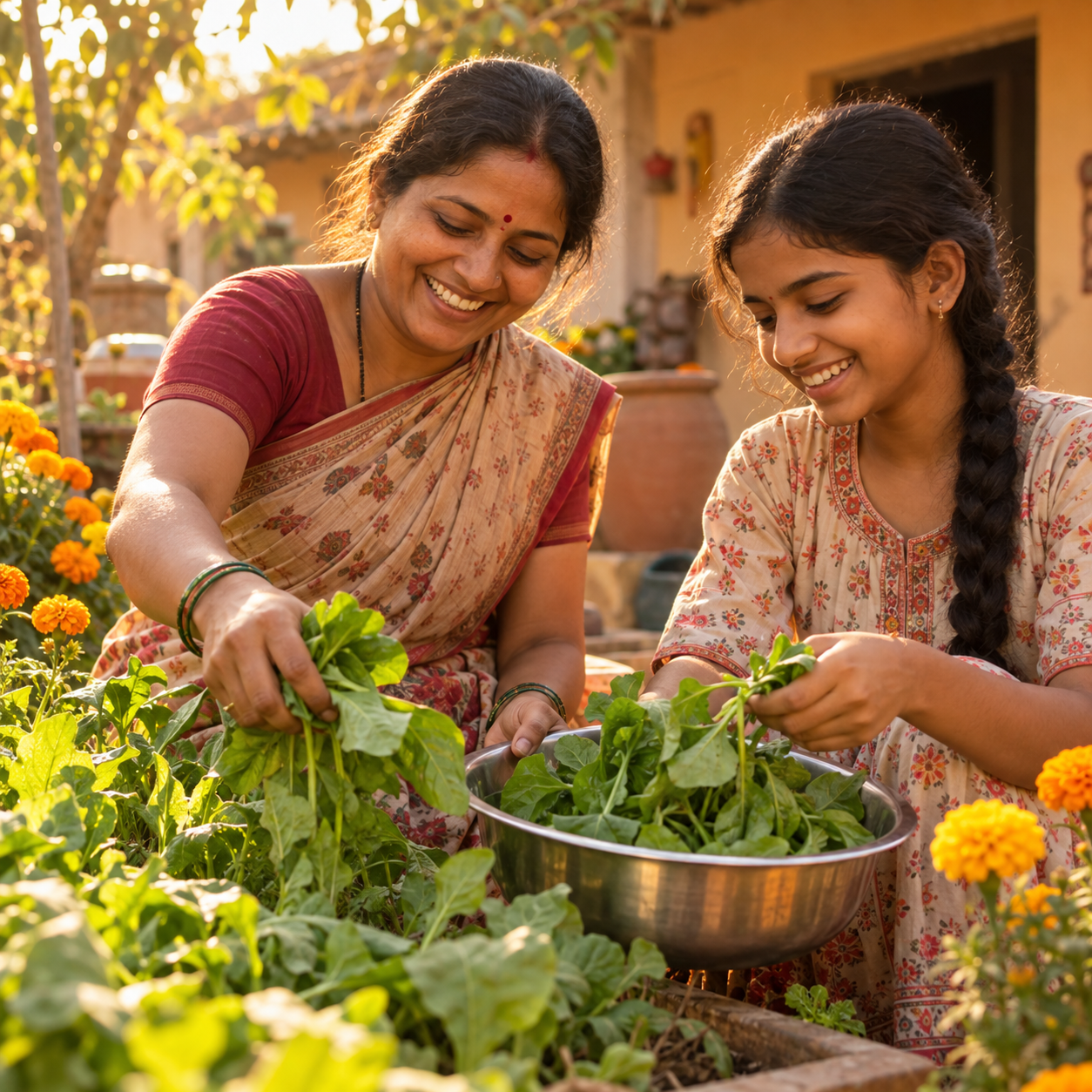 A mother and her teenage daughter smiling as they pick fresh greens from their home garden